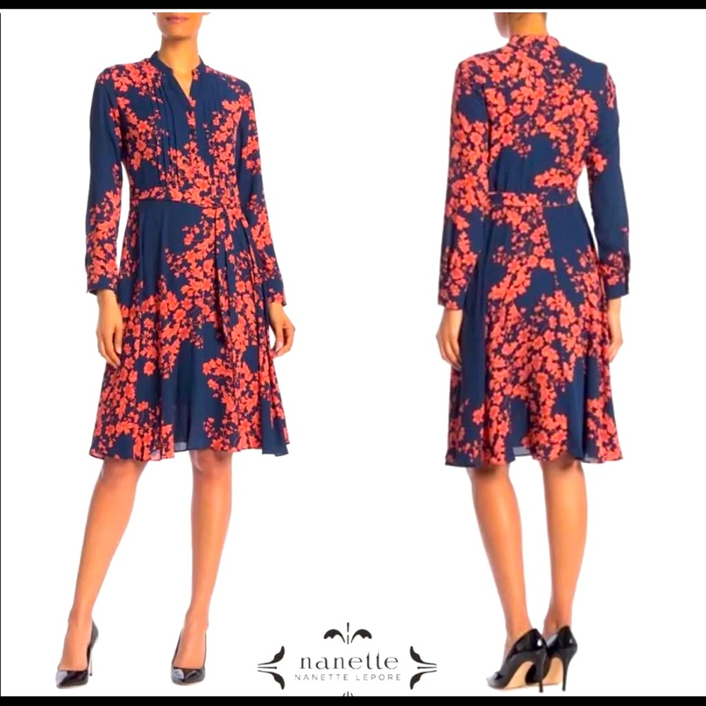 NWT Nanette Lepore Floral Pintuck Dress Long Sleeves Sz 12